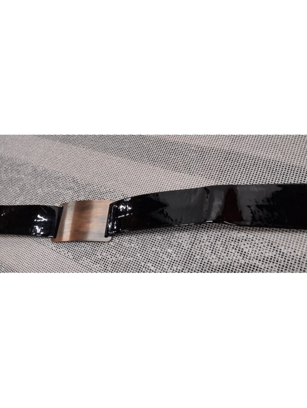 Black Patent Leather Belt Cinch Waist 28 Mod Pleather Vinyl Copper Wide Buckle